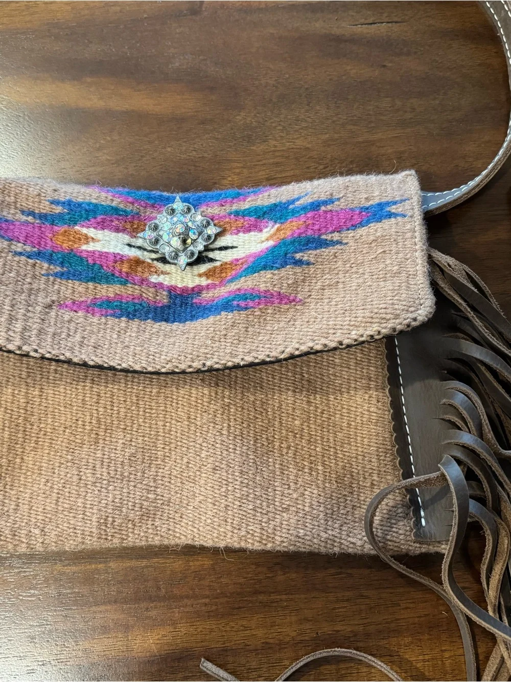 Southwestern Woven Wool Blanket Fringe Crossbody Bag with Rhinestone Concho